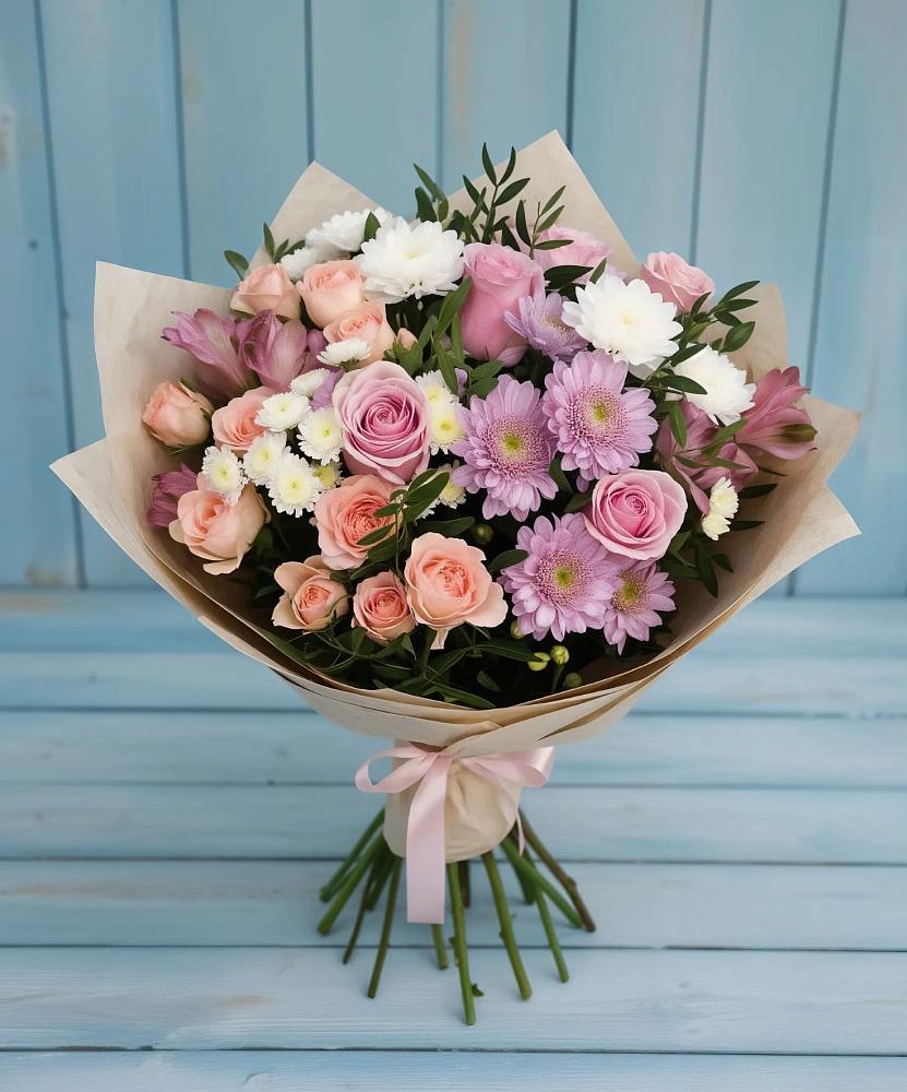 Букет цветов из: Хризантемы, Розы и Альстромерии в Котово