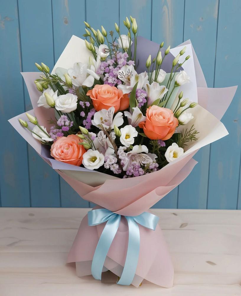 Букет цветов из: Лизиантусы, Розы, Альстромерии и Гипсофила в Котово