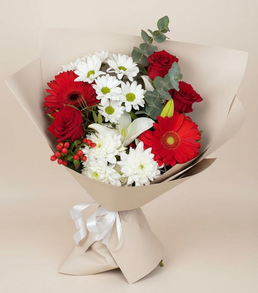 Букет цветов из: Розы, Хризантемы, Герберы и Лилии в Котово
