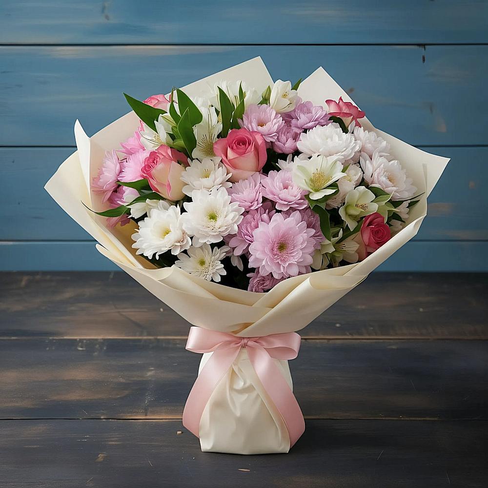 Букет цветов из: Хризантемы, Альстромерии и Розы в Котово